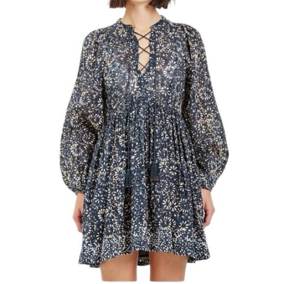 Ulla Johnson Long Sleeve Mini Dress Blue Boho Print Size 4 - Picture 2 of 12